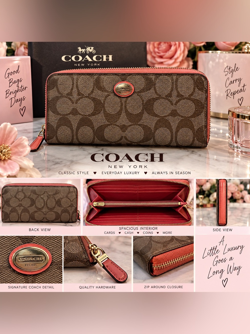Coach Brown Signature Zip Around Wallet with Pink Trim